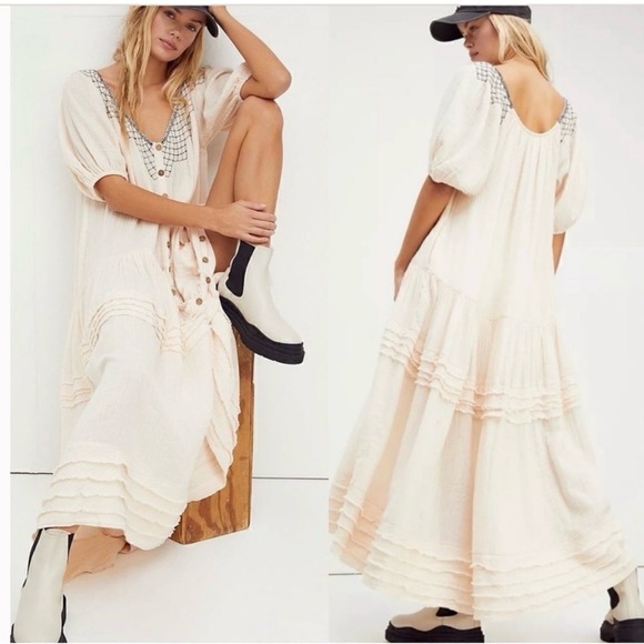 Free People Elegant Cream Sunday Stroll Oversized Embroided Maxi Dress - Picture 10 of 15